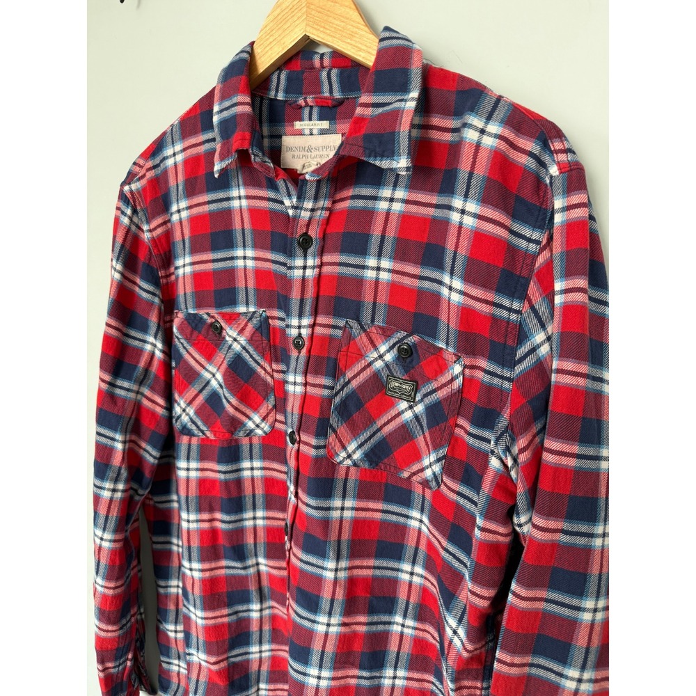 Denim Supply Ralph Lauren Mens M Plaid Flannel Shirt Long Sleeve Button Up Red
